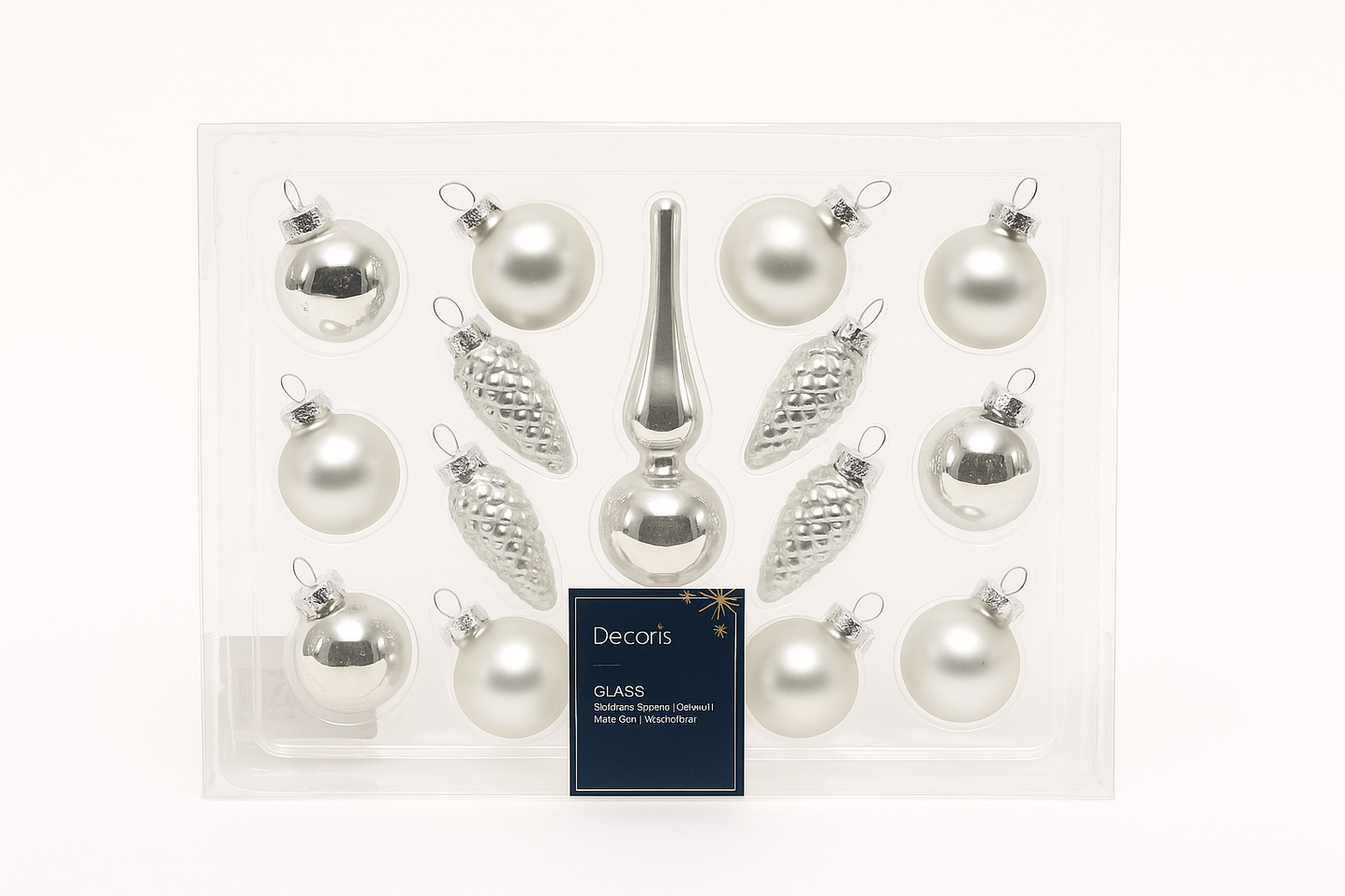 Kerstballenset β 15 stuks met piek (zilver)
