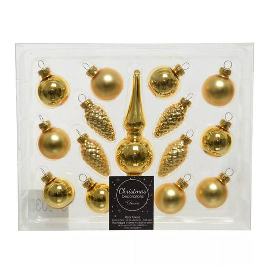Kerstballenset – 15 stuks met piek (licht goud)