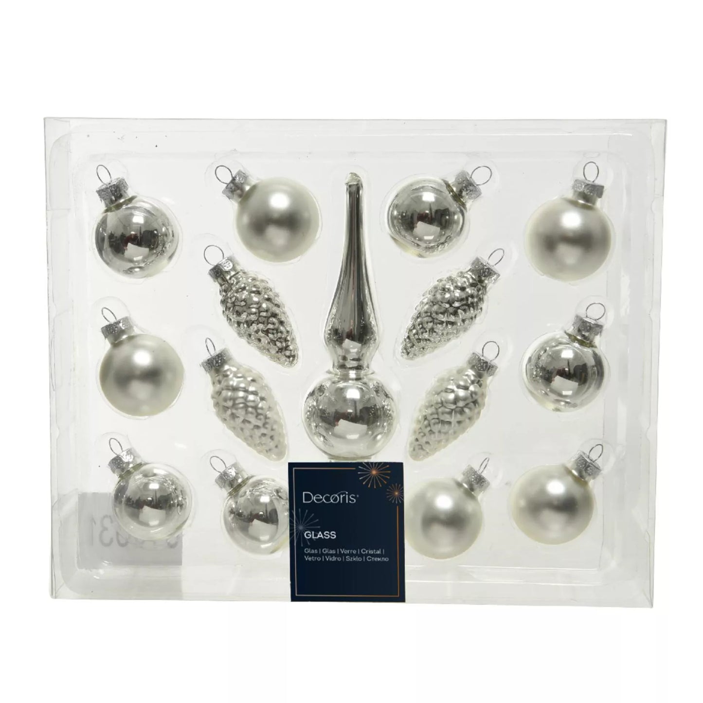 Kerstballenset – 15 stuks met piek (zilver)