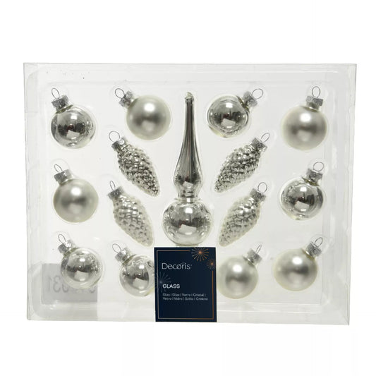 Kerstballenset – 15 stuks met piek (zilver)