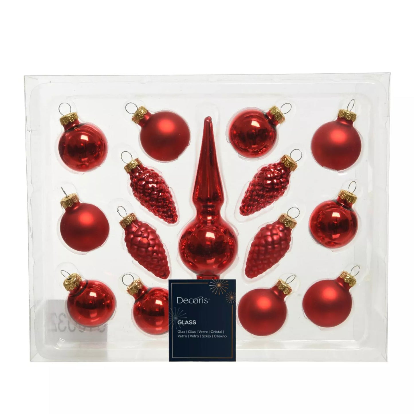 Kerstballenset – 15 stuks met piek (rood)