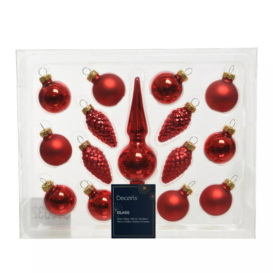 Kerstballenset – 15 stuks met piek (rood)