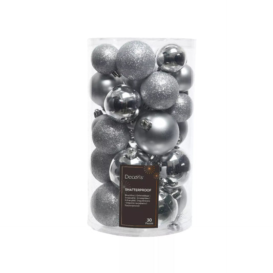 Kerstballen mix kunststof – 30-delig (zilver)