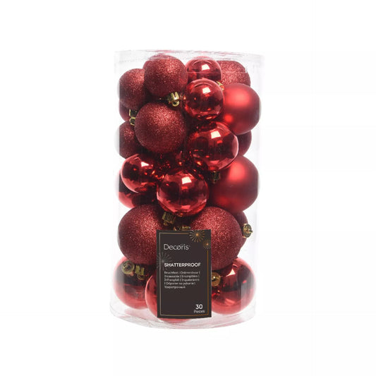 Kerstballen mix kunststof – 30-delig (rood)
