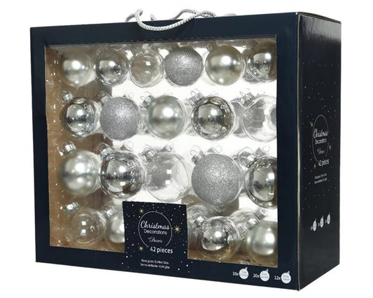 Kerstballenset glas mix zilver – 42 stuks