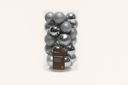 Kerstballen mix kunststof – 30-delig (zilver)