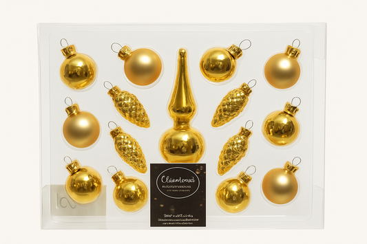 Kerstballenset – 15 stuks met piek (licht goud)