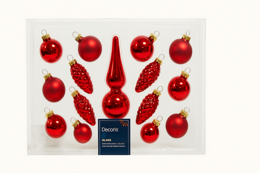 Kerstballenset – 15 stuks met piek (rood)