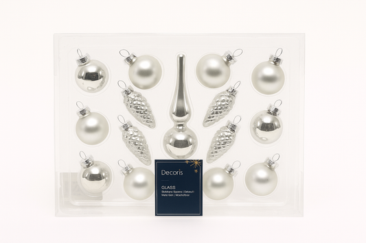 Kerstballenset – 15 stuks met piek (zilver)